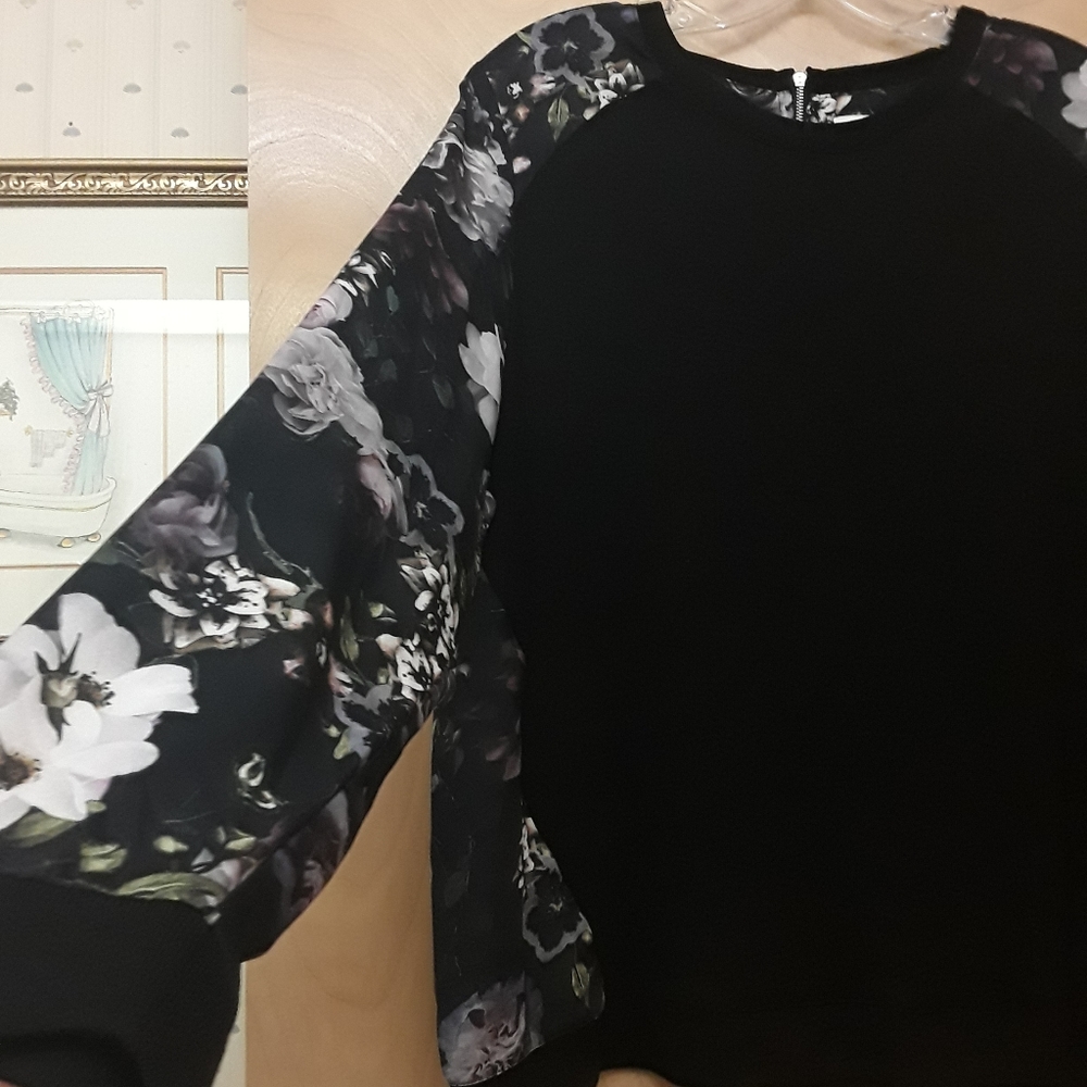 Black Floral Boho Zipup Quarterzip Sweater Jacket Pullover Xl
